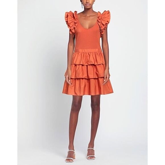 ULLA JOHNSON Hanna Tiered Ruffle Mini Dress Size 10 Women’s in Burnt Orange - Picture 2 of 12